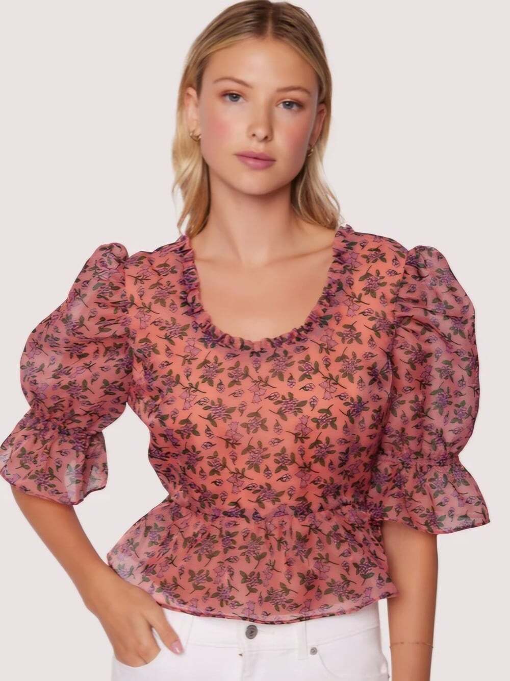 Lost + Wander Floral Puff Sleeve Peplum Top XS Cottagecore Coquette Pink
